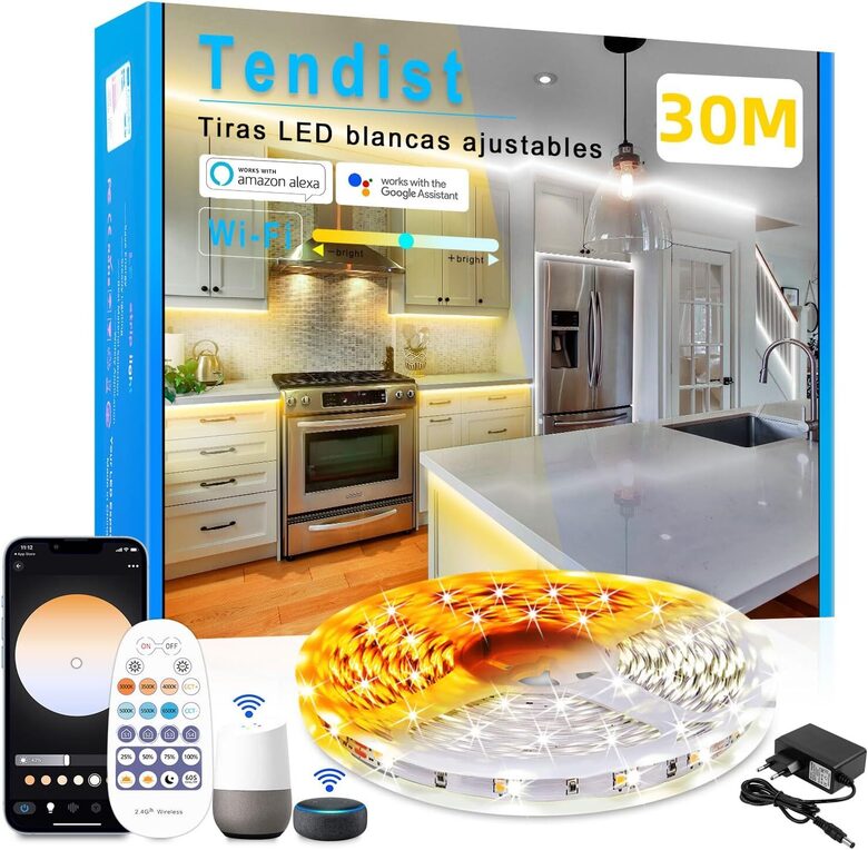  30m LED lente ar regulējamu gaismu 3000K-6500K, saderīga ar Alexa