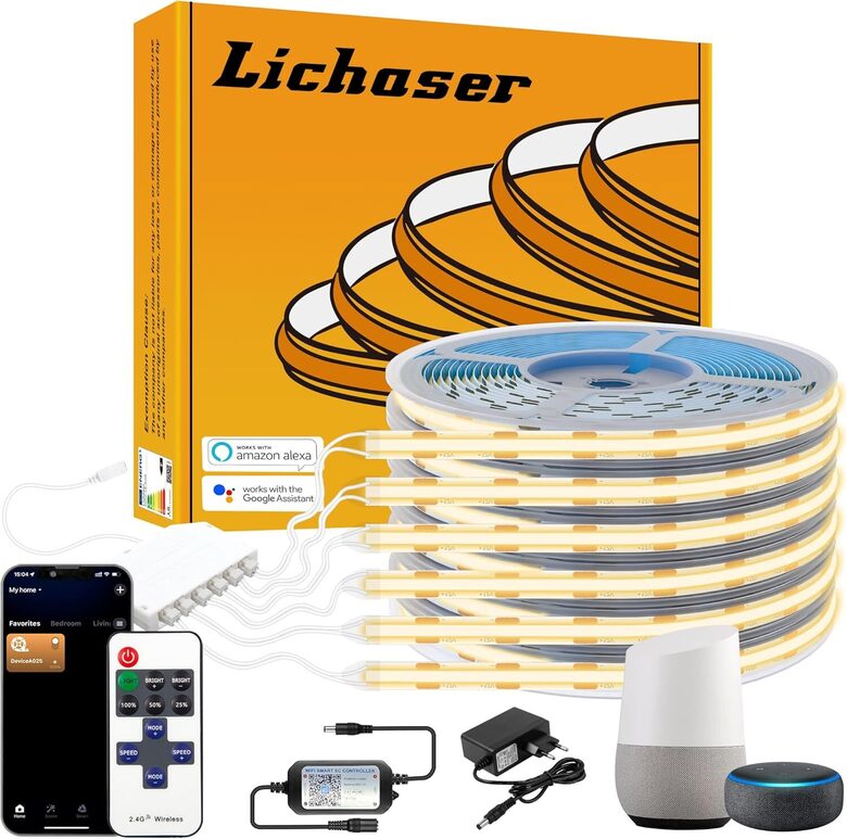 Lichaser 6 x 1 metrs 12 V WiFi COB LED lentes, silti balta