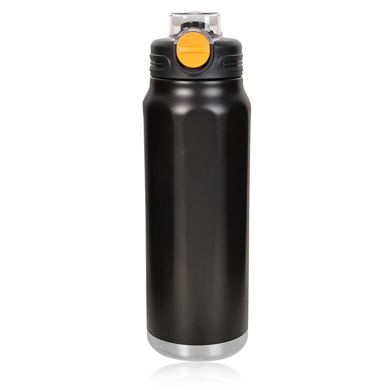 Nerūsējošā tērauda ūdens pudele 950 ml, ar salmiņu, melna