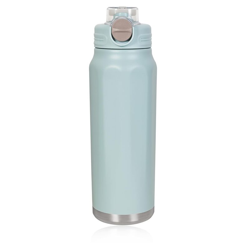 Nerūsējošā tērauda ūdens pudele 950 ml, ar salmiņu, gaiši zila