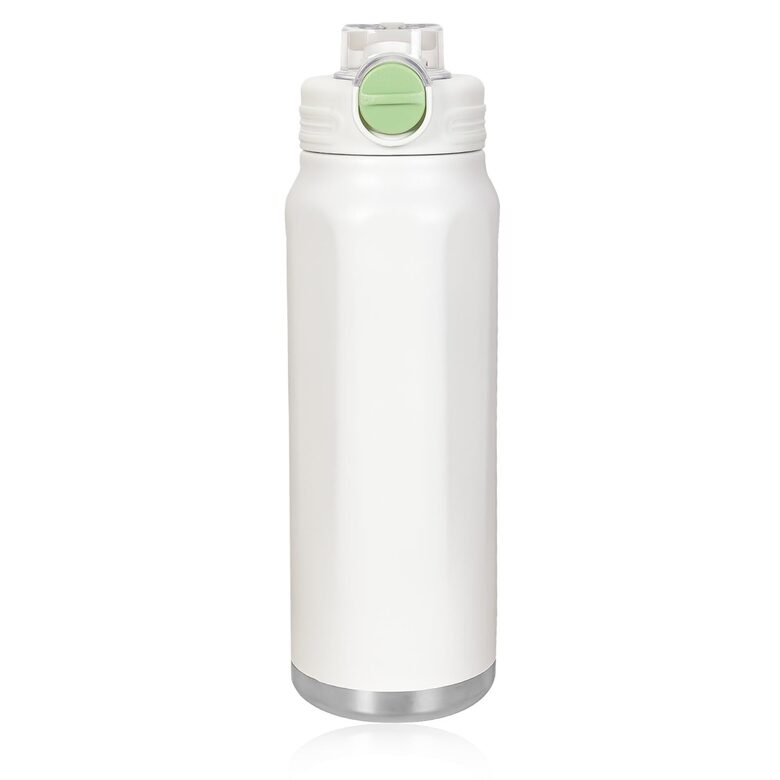 Nerūsējošā tērauda ūdens pudele 950 ml, ar salmiņu, balta