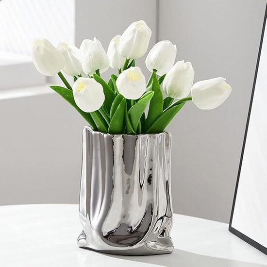 10gab mākslīgās tulpes ar vāzi, ar dzeltenām tulpēm