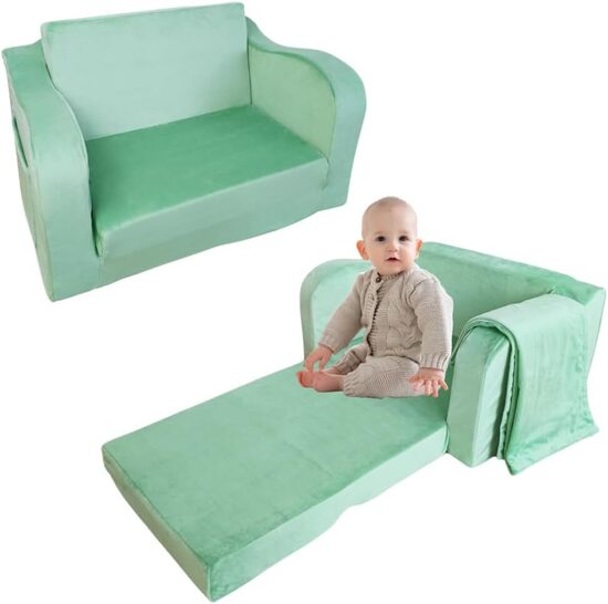 Wonder Space bērnu putu dīvāns ar segu, tumši zila un piparmētru zaļa