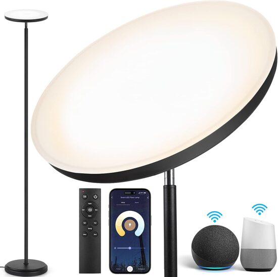 OUTON viedā LED grīdas lampa, saderīga ar Alexa un Google Assistant, melna