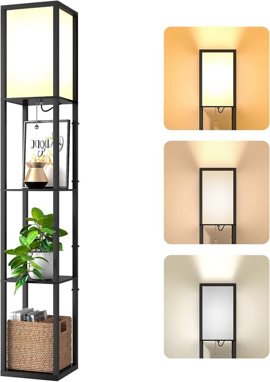 Grīdas lampa ar koka plauktiem, melna, 1,62 m