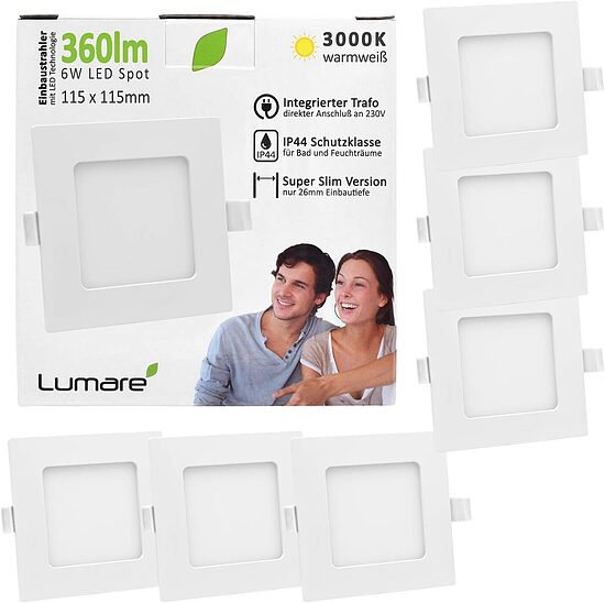 Lumare 6 x 6 W LED kvadrātveida iebūvējamie prožektori, 360 lm