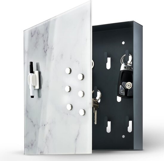 Moderns atslēgu skapis ar stikla magnētisko tāfeli 30 x 30 x 5 cm, balts marmors