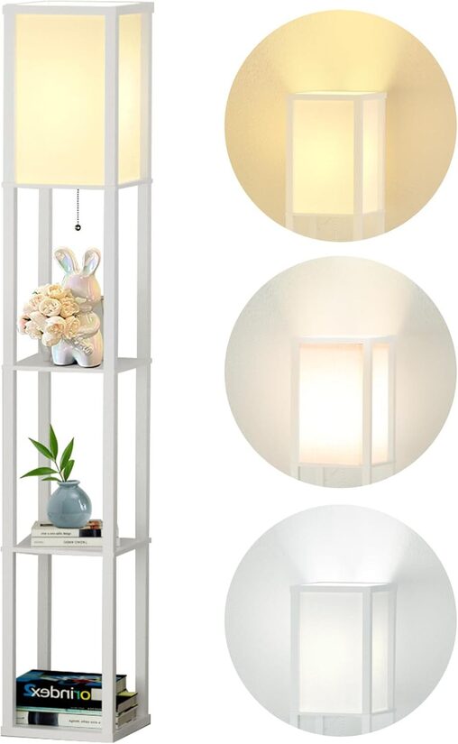 Koka stāvlampa ar plauktiem, balta, 3 gaismas krāsu temperatūras