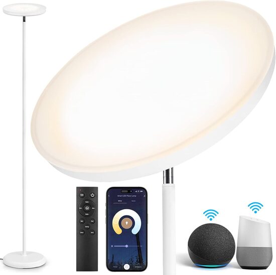 OUTON viedā LED grīdas lampa, saderīga ar Alexa un Google Assistant, balta