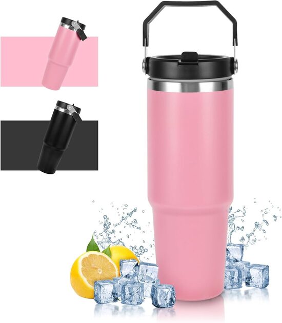 Dzeramā termokrūze ar vāku un salmiņu, 890 ml, rozā