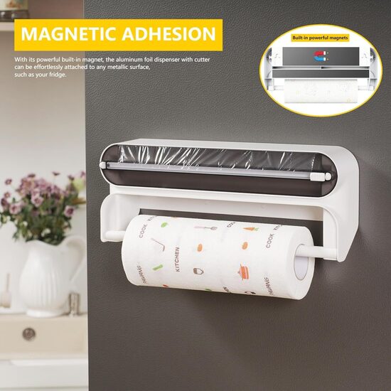 Magnētisks virtuves papīra turētājs un plēves griezējs