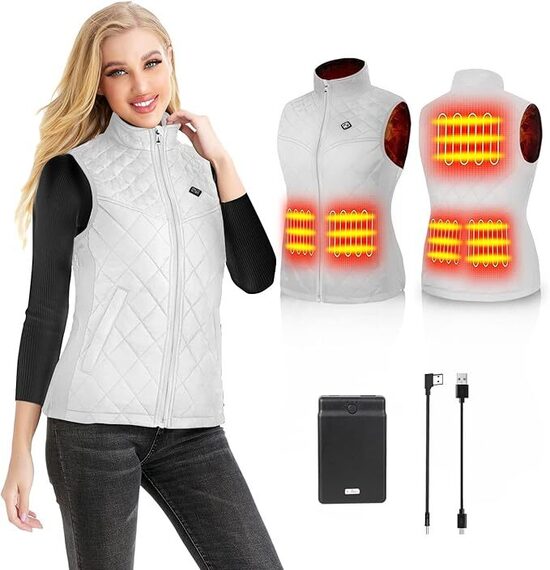 Sieviešu apsildāma veste ar 12 000 mAh akumulatoru, XS izm., balta