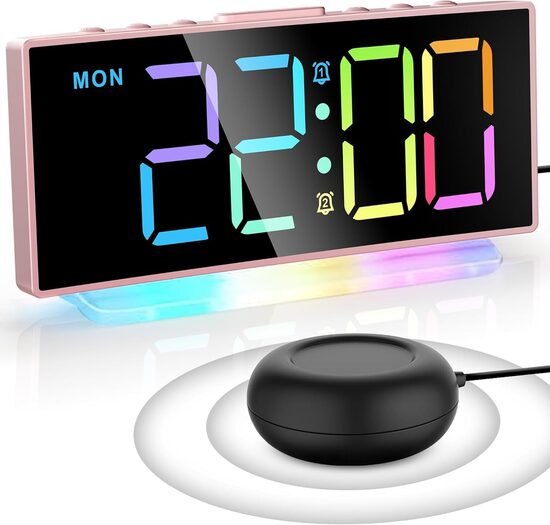 RGB digitālais modinātājs ar gultas vibrācijas funkciju