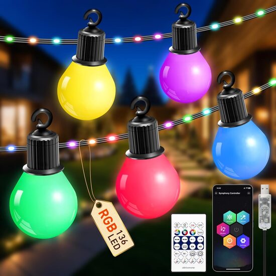 20 m RGB virtene ar spuldzēm un LED gaismiņām, USB barošana