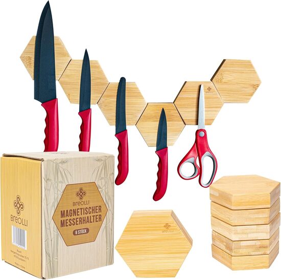 Magnētiskais nažu turētājs, 6 bambusa sešstūra plāksnes 