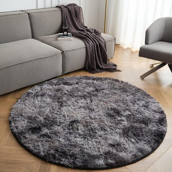 Mīksts, pūkains, neslīdošs, mazgājams apļš paklājs, D:120 cm, pelēks/melns