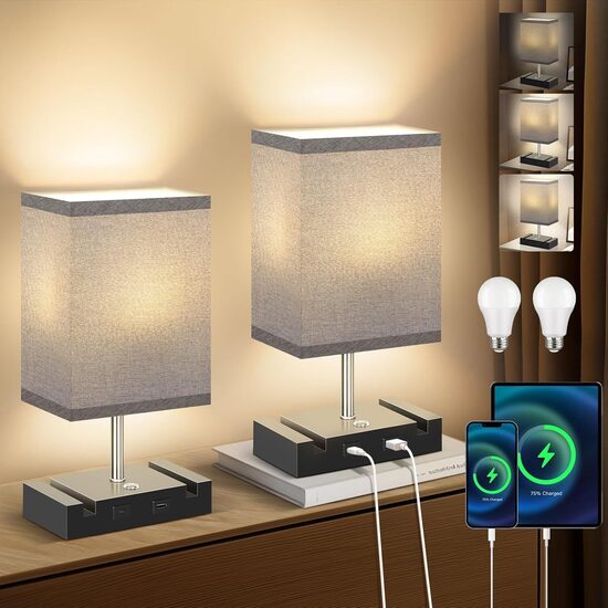 2 skārienjutīgu galda lampu komplekts ar USB A + C tipa portiem