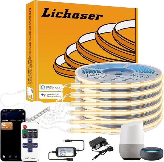 Lichaser 6 x 1 metrs 12 V WiFi COB LED lentes, silti balta