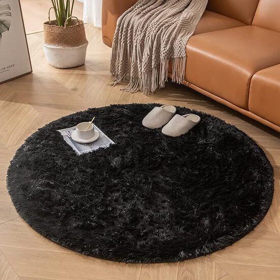 Mīksts, pūkains, neslīdošs, mazgājams apļš paklājs, D:150 cm, melns