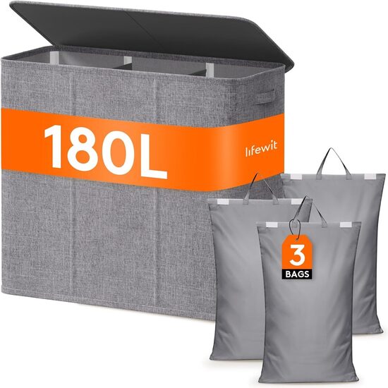 Trīskāršais veļas grozs ar vāku, 180 L