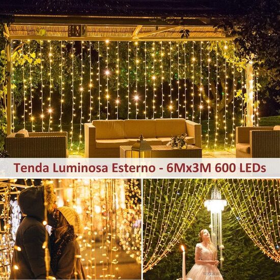 6m x 3m gaismas aizkars, 8 režīmi, 600 LED, silti balts