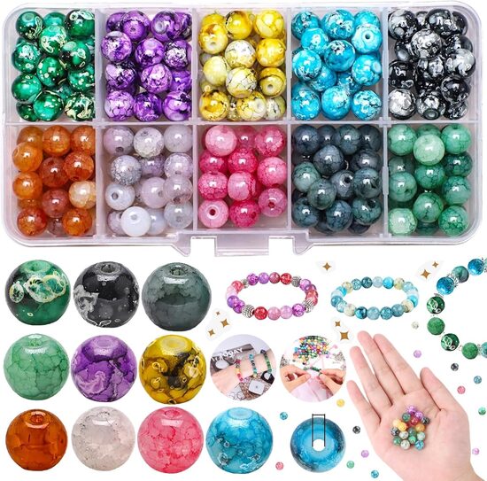 200 krāsainas 8 mm stikla pērlītes, 10 krāsas
