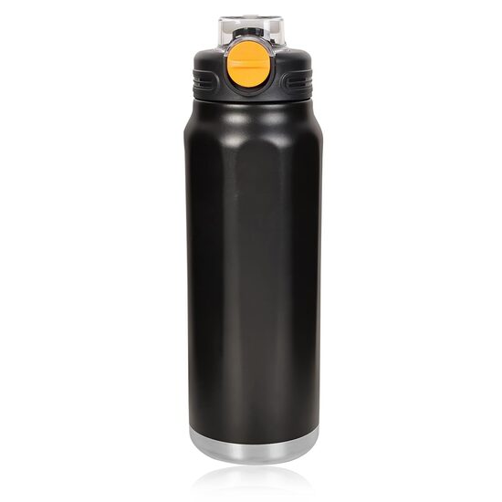 Nerūsējošā tērauda ūdens pudele 950 ml, ar salmiņu, melna