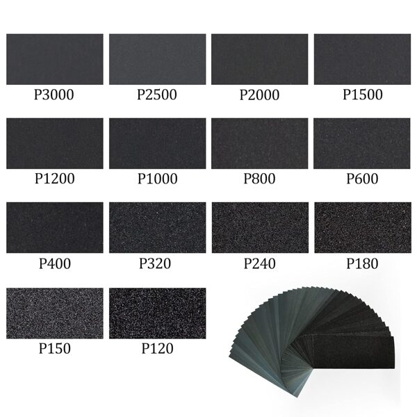 Smilšpapīru komplekts no P120 līdz P3000, 42 gab, 93 x 230 mm
