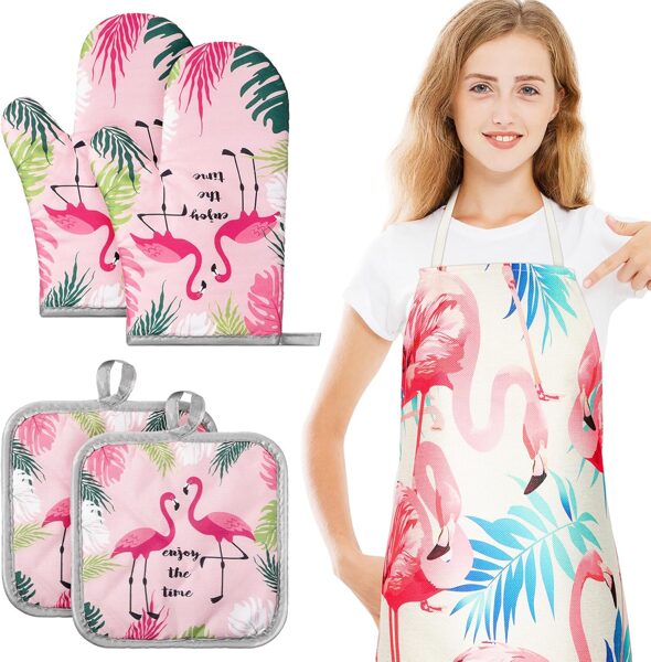 Flamingo virtuves priekšauts, cimdi un katlu turētāji, komplekts 5 daļas