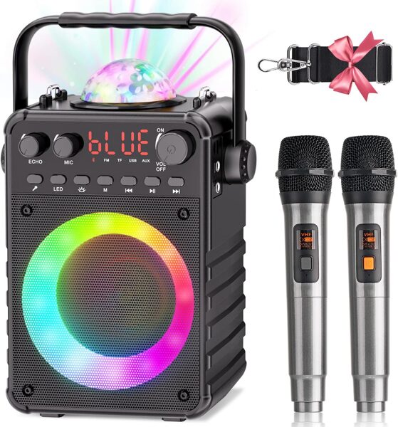 Karaoke sistēma ar 2 mikrofoniem - pārnēsājams Bluetooth skaļrunis ar LED gaismām